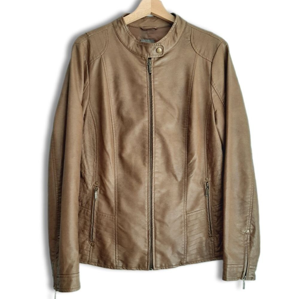 REITMANS / Faux Leather Moto Bomber Full-Zip Jacket Tan Brown Sz L